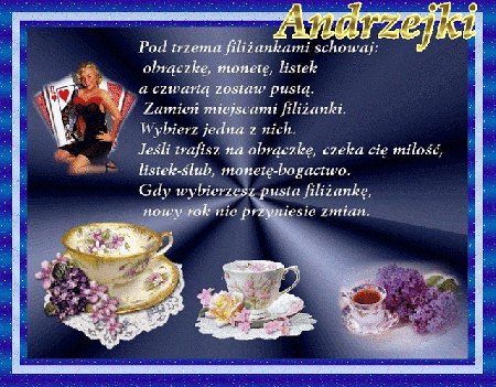 Niebieska kartka z trzema filiżankami na Andrzejki